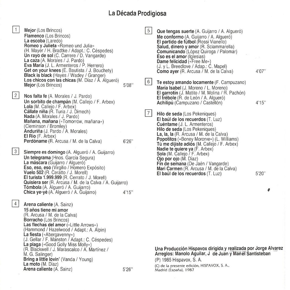 Cartula Interior Frontal de La Decada Prodigiosa - Los Aos 60 Volumen I