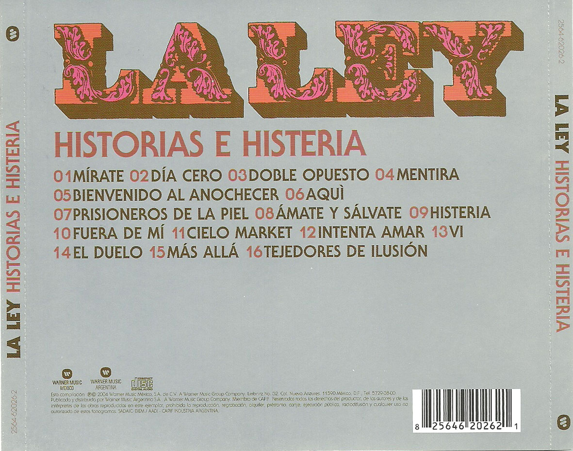 Cartula Trasera de La Ley - Historias E Histeria (16 Canciones)