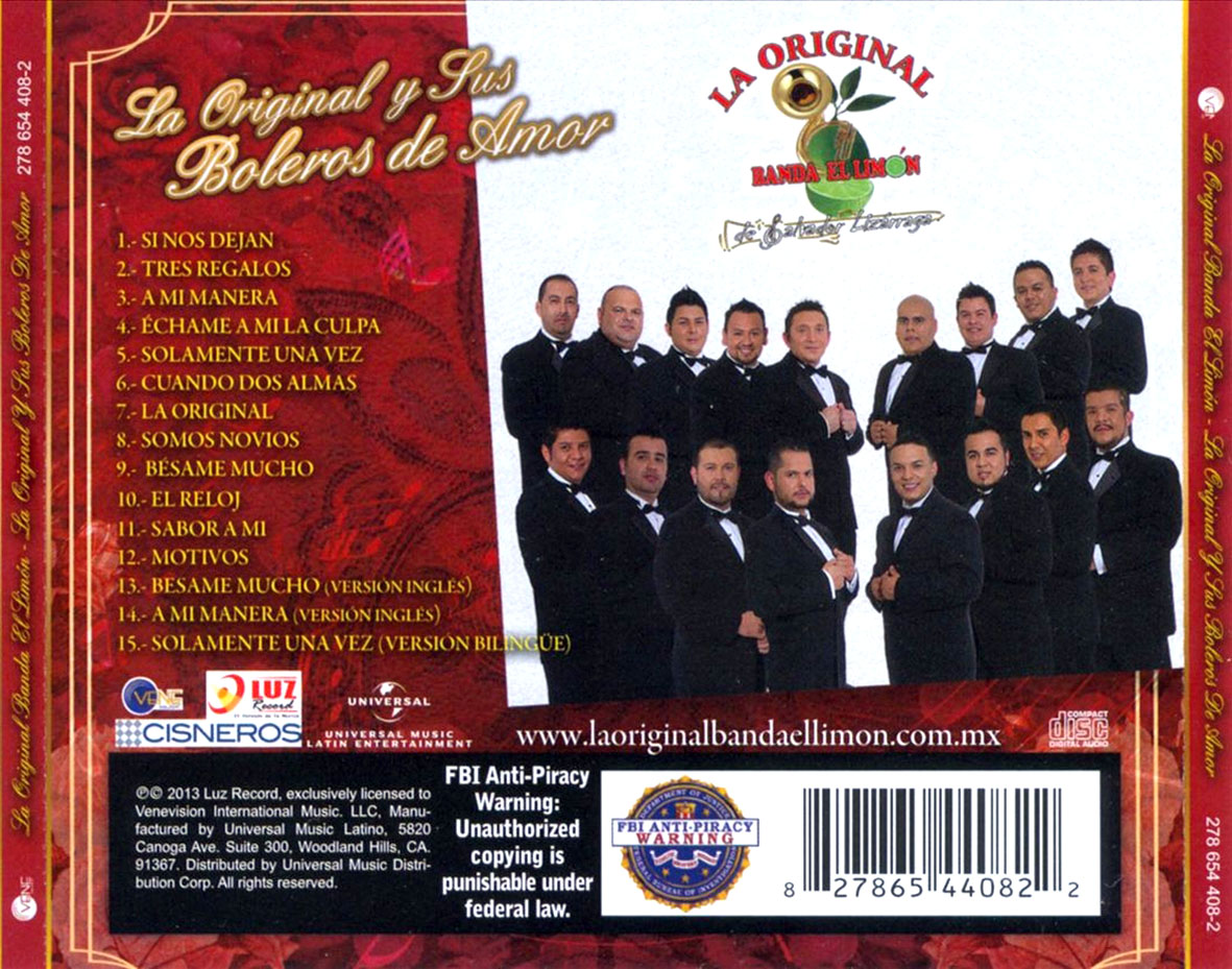 Cartula Trasera de La Original Banda El Limon De Salvador Lizarraga - La Original Y Sus Boleros De Amor