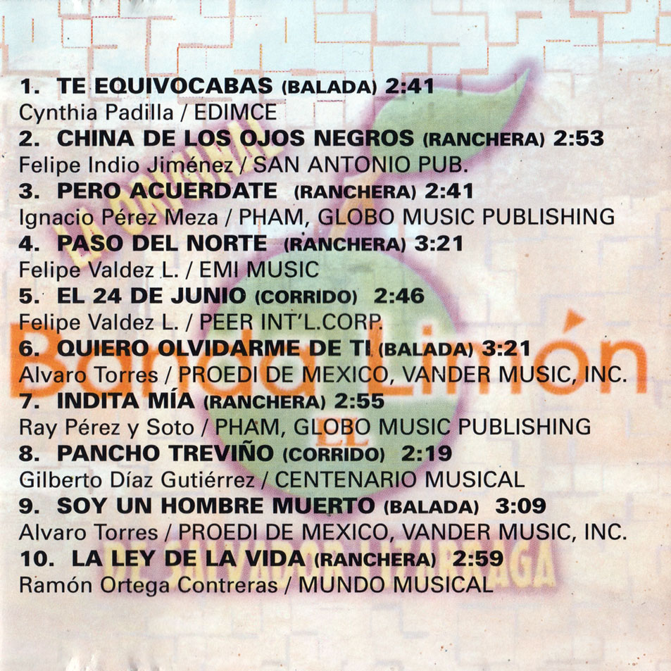 Cartula Interior Frontal de La Original Banda El Limon De Salvador Lizarraga - Quiero Olvidarme De Ti