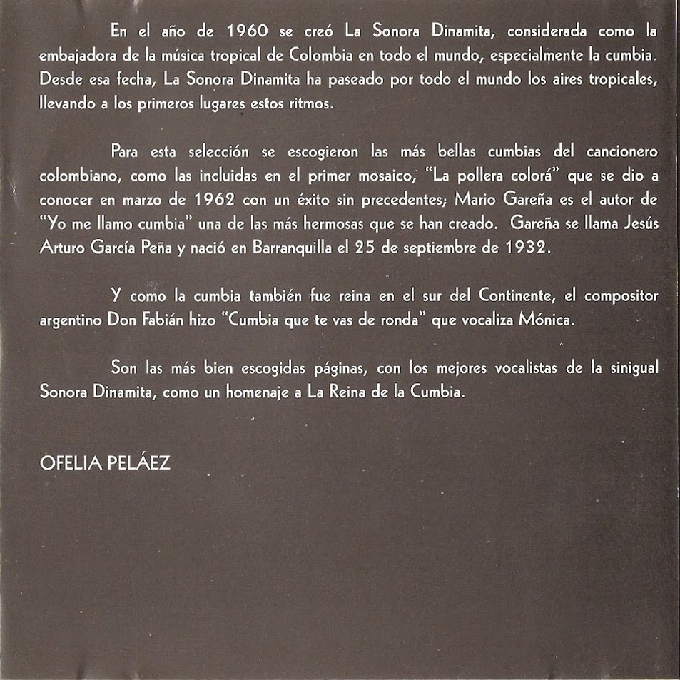 Cartula Interior Frontal de La Sonora Dinamita - La Reina De La Cumbia