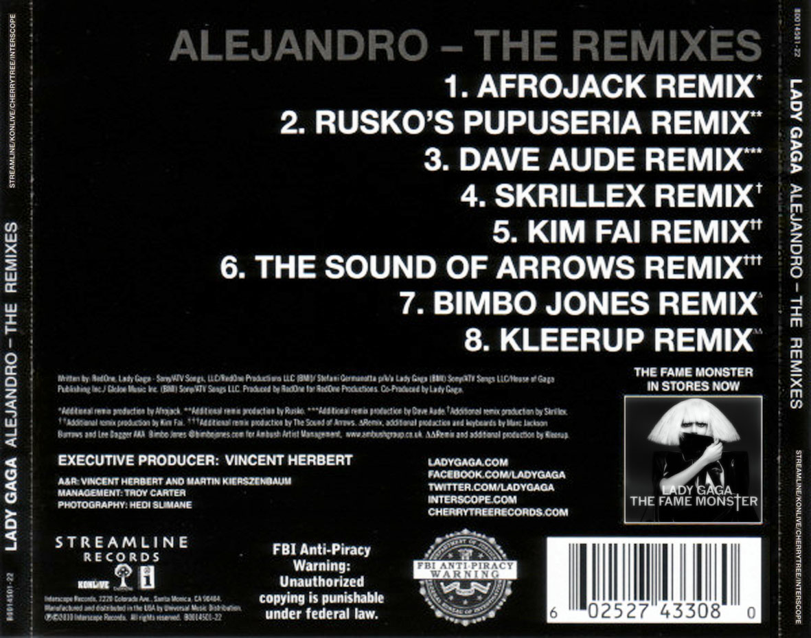 Cartula Trasera de Lady Gaga - Alejandro (The Remixes) (Cd Single)
