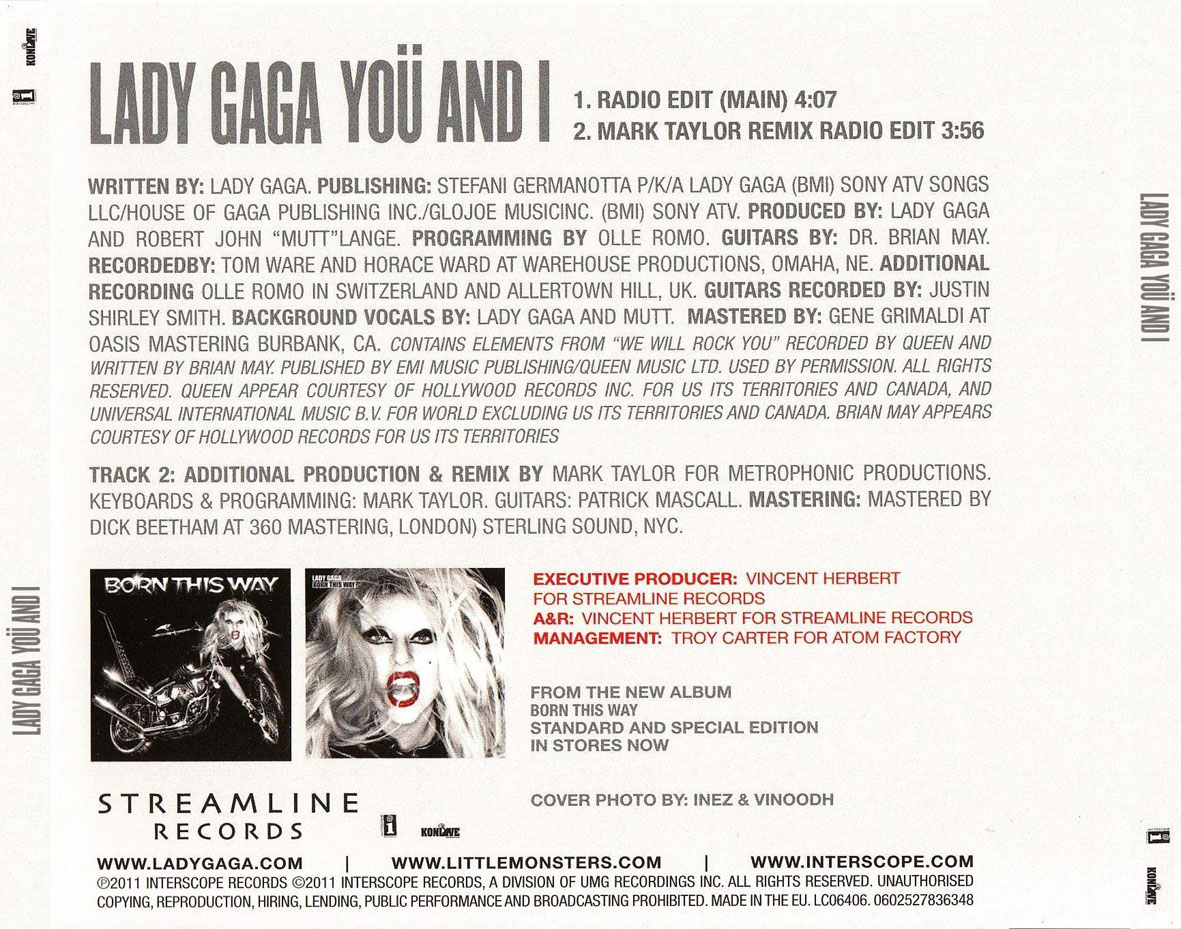 Cartula Trasera de Lady Gaga - Yo And I (Cd Single)