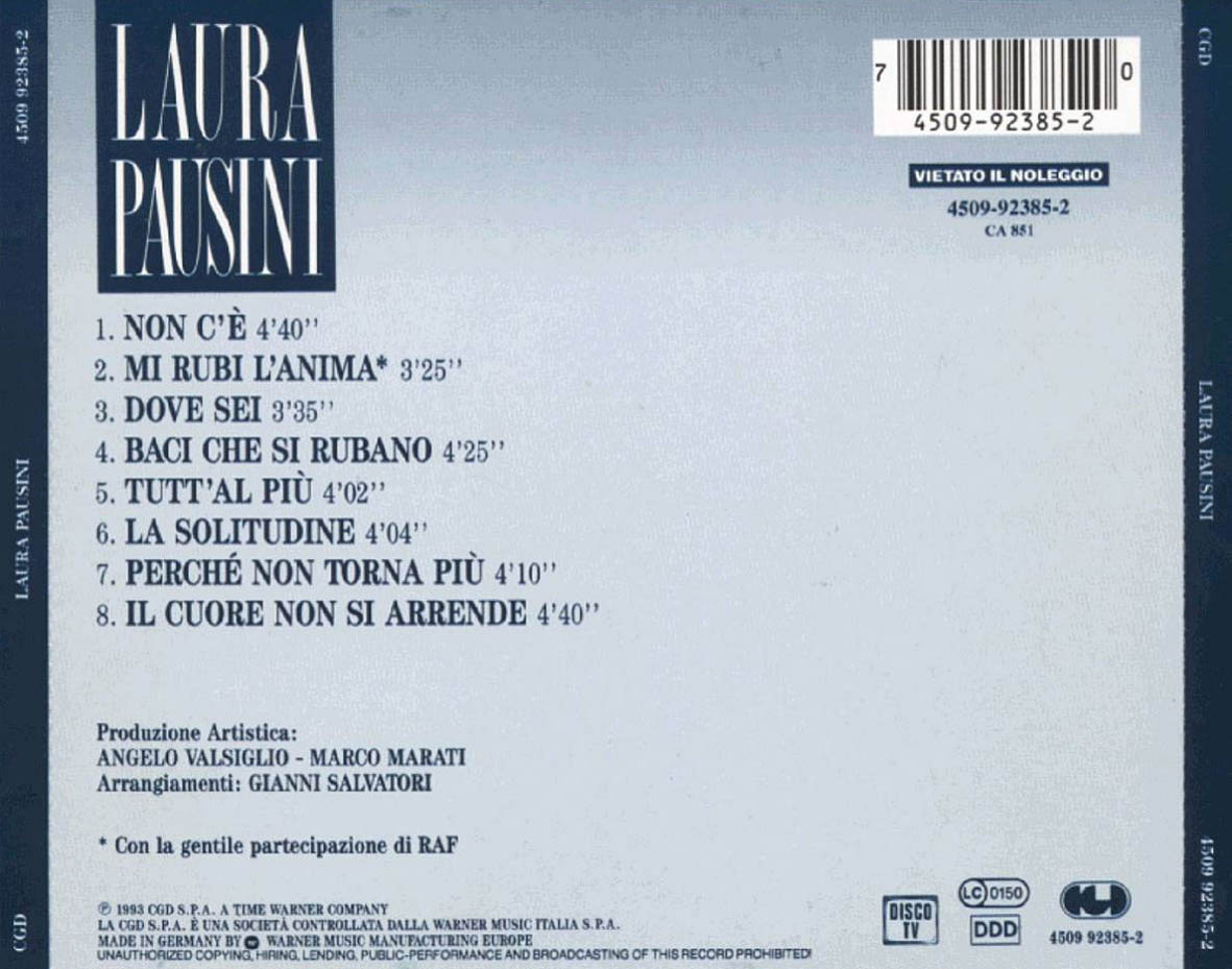 Cartula Trasera de Laura Pausini - Laura Pausini (Version Italiana)