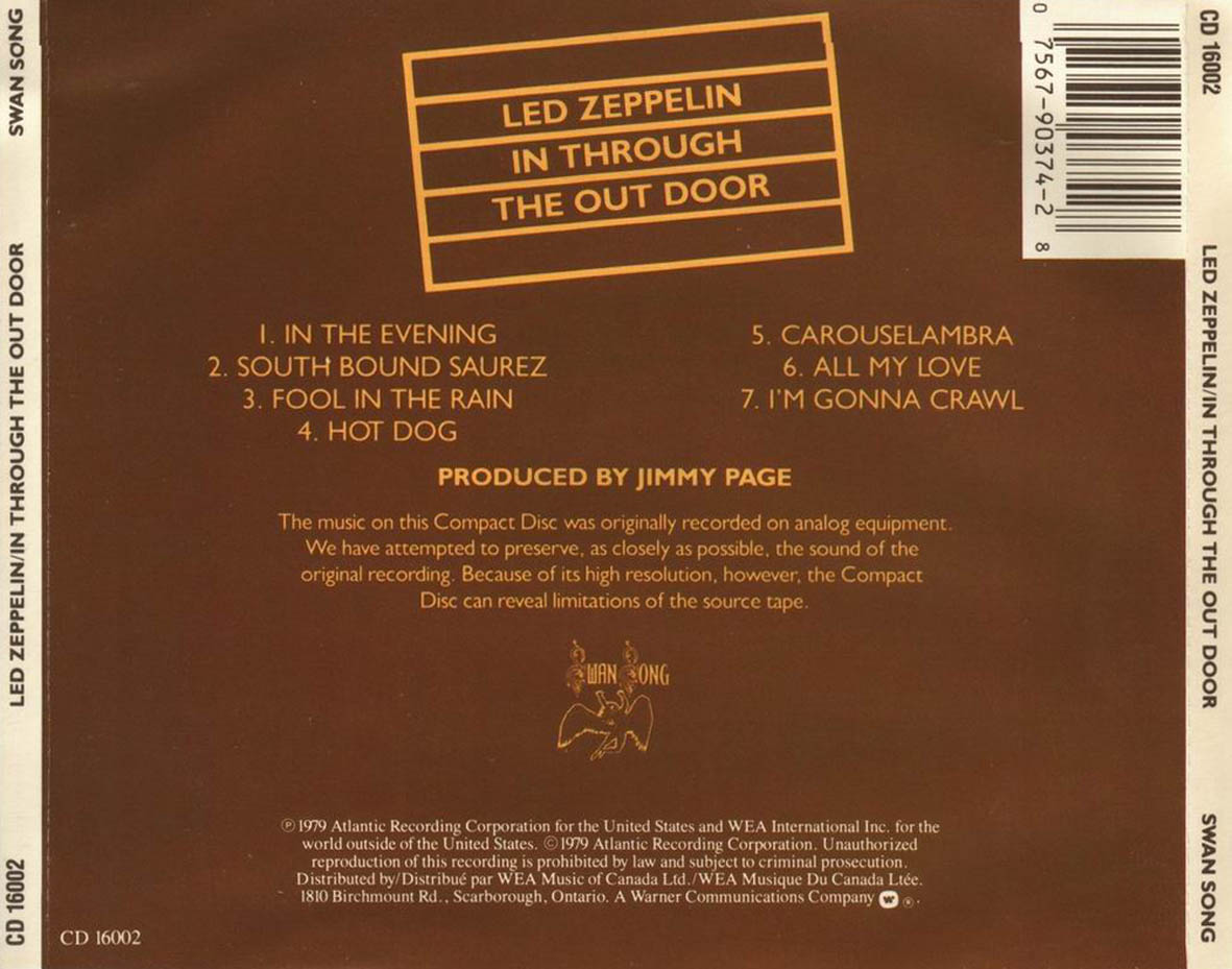 Cartula Trasera de Led Zeppelin - In Through The Out Door