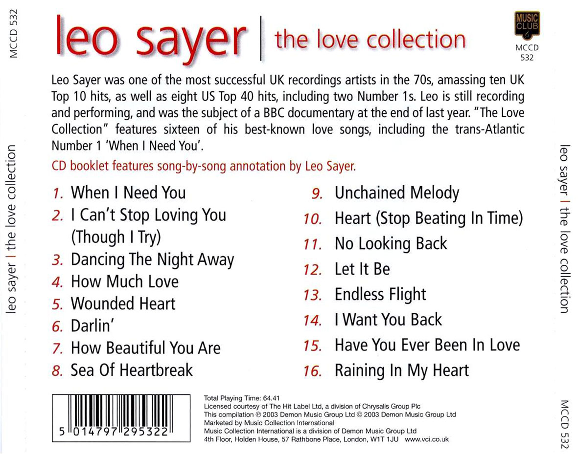 Cartula Trasera de Leo Sayer - The Love Collection