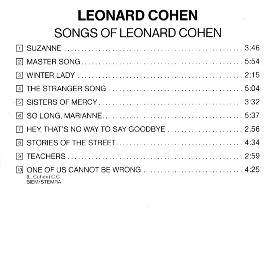 Cartula Interior Frontal de Leonard Cohen - Songs Of Leonard Cohen (1968)