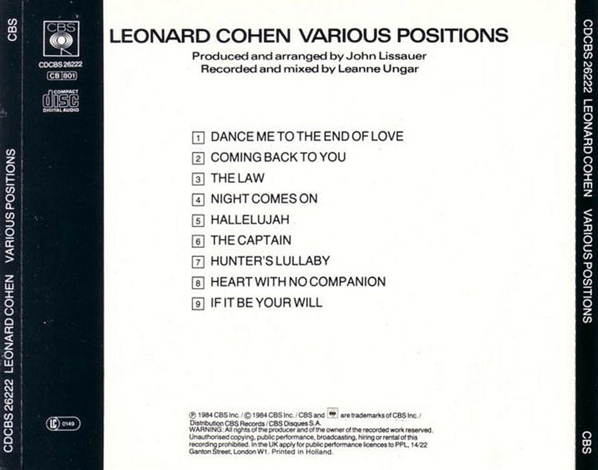 Cartula Trasera de Leonard Cohen - Various Positions