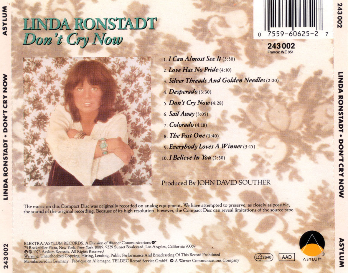 Cartula Trasera de Linda Ronstadt - Don't Cry Now