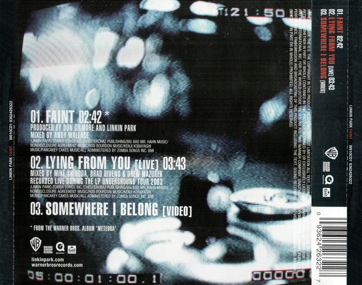 Cartula Trasera de Linkin Park - Faint (Cd Single)