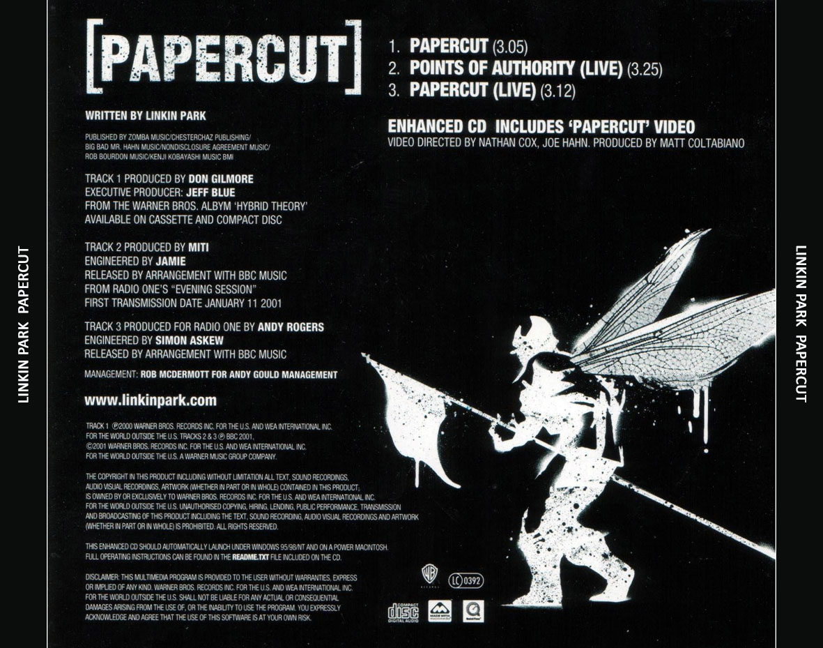 Cartula Trasera de Linkin Park - Papercut (Cd Single)