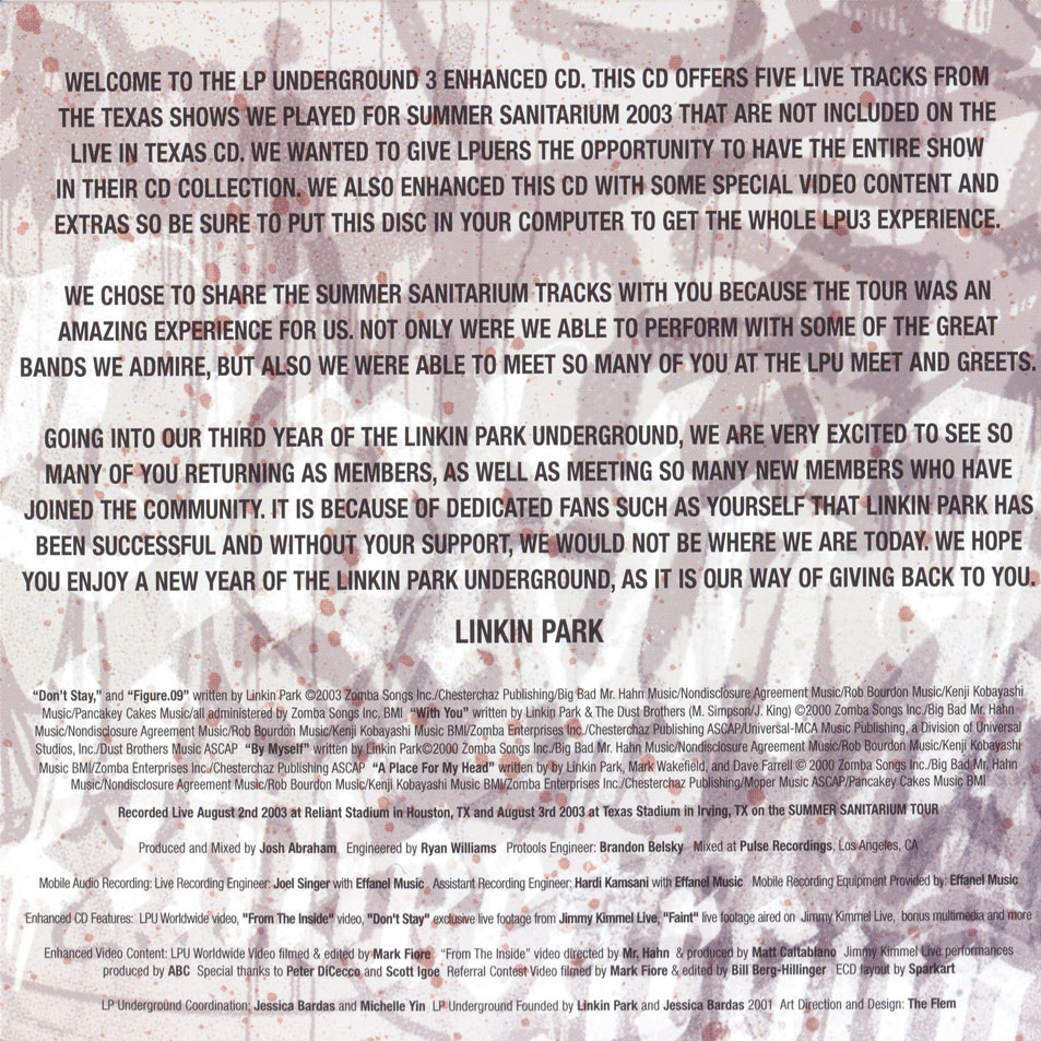 Cartula Interior Frontal de Linkin Park - Underground 3.0
