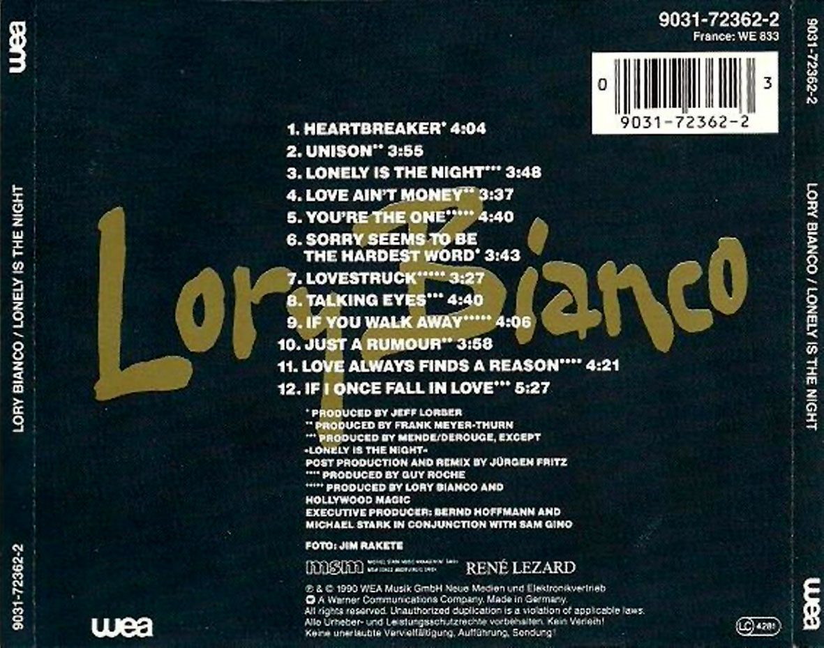 Cartula Trasera de Lory Bianco - Lonely Is The Nigth
