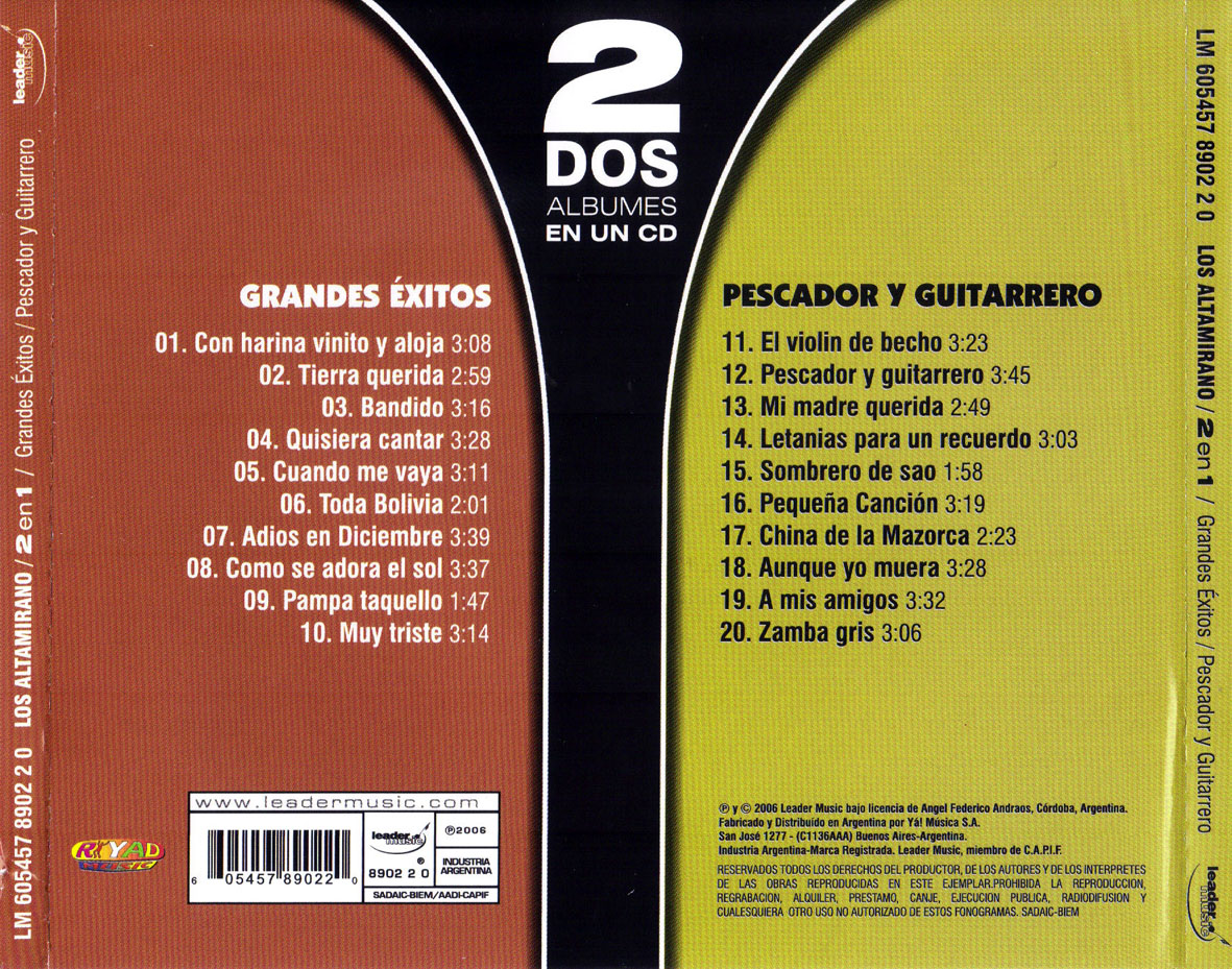 Cartula Trasera de Los Altamirano - 2 En 1 Grandes Exitos Pescador Y Guitarrero
