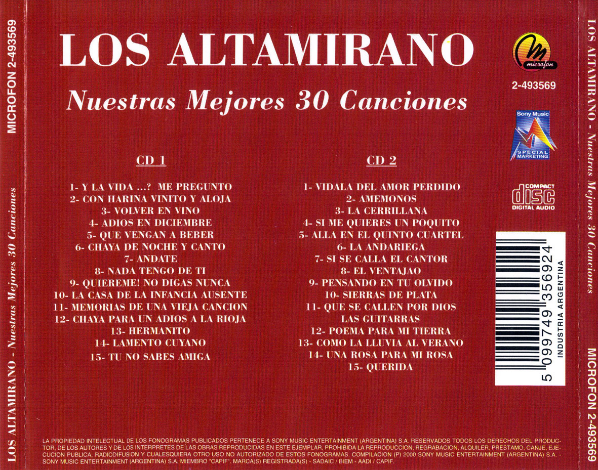 Cartula Trasera de Los Altamirano - Nuestras Mejores 30 Canciones