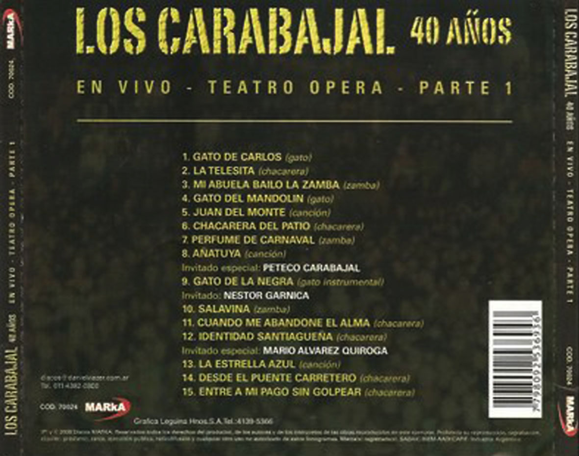 Cartula Trasera de Los Carabajal - 40 Aos En Vivo - Teatro Opera Parte 1