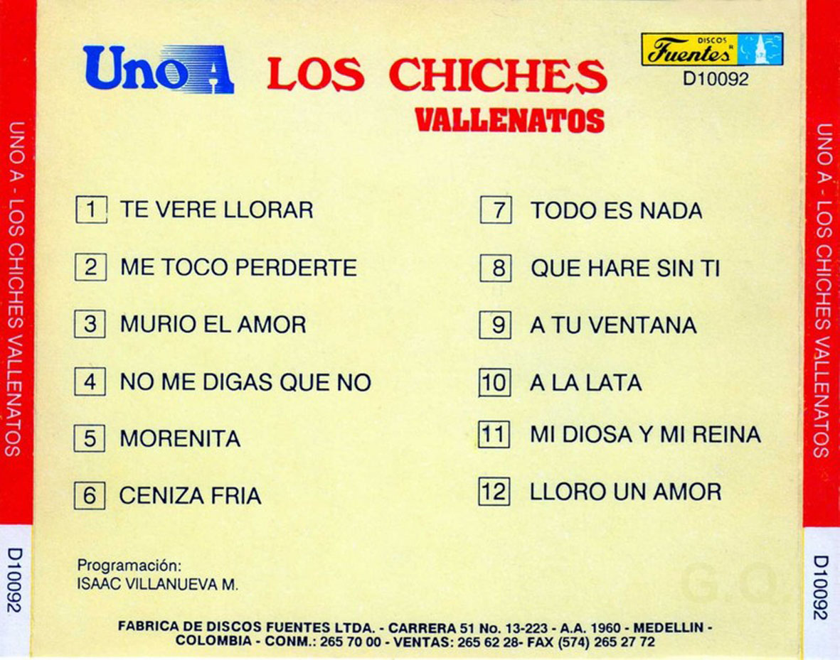 Cartula Trasera de Los Chiches Vallenatos - Uno A