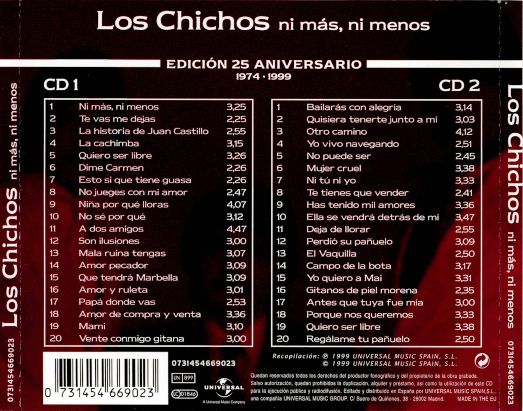 Cartula Trasera de Los Chichos - Ni Mas, Ni Menos (1999)