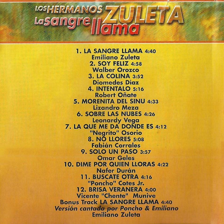 Cartula Interior Frontal de Los Hermanos Zuleta - La Sangre Llama