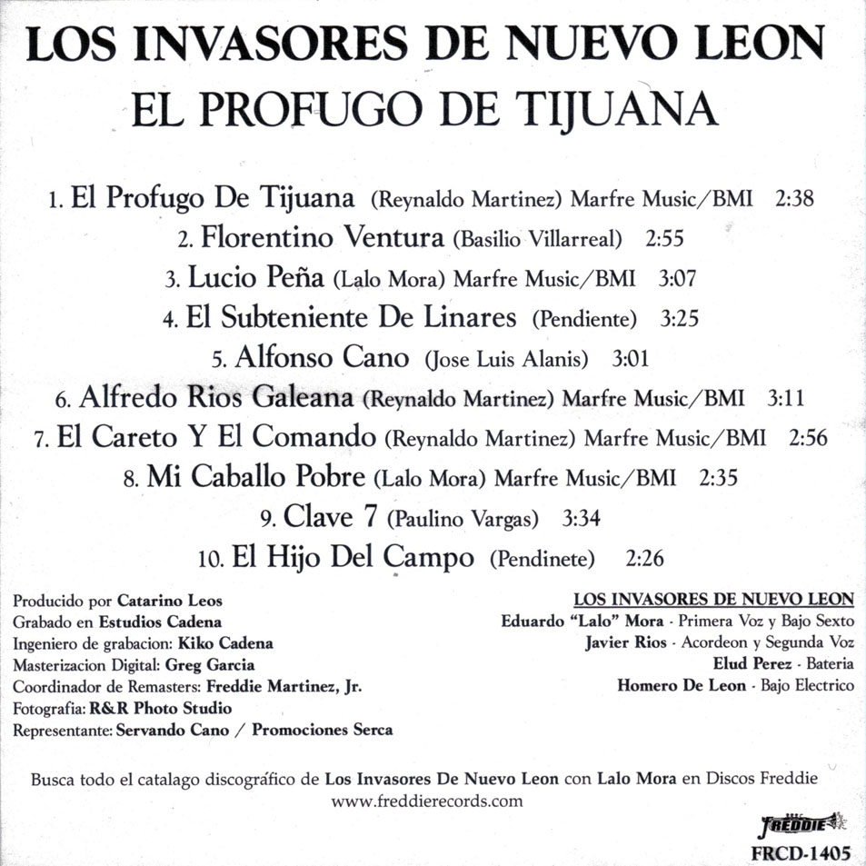 Cartula Interior Frontal de Los Invasores De Nuevo Leon - El Profugo De Tijuana