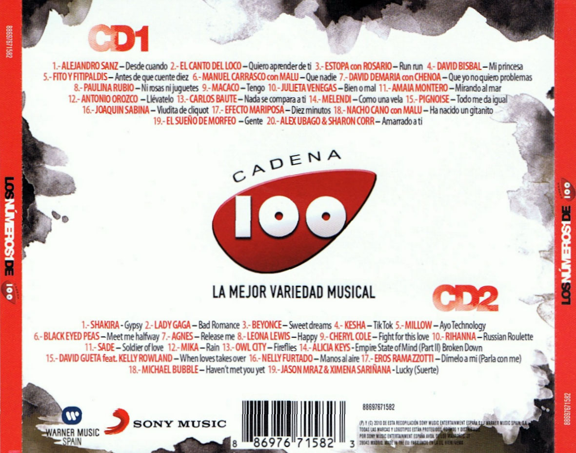 Cartula Trasera de Los Numeros Uno De Cadena 100 (2010)
