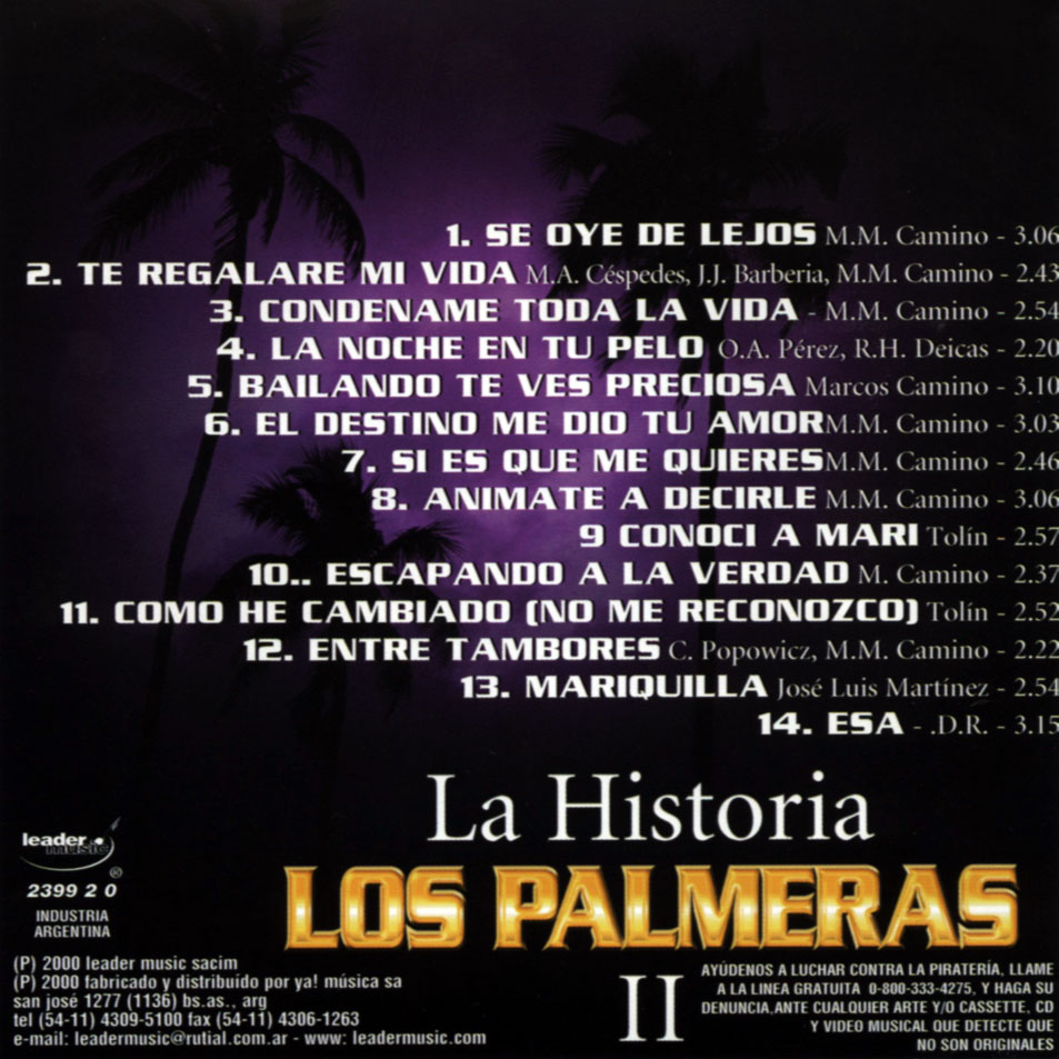 Cartula Interior Frontal de Los Palmeras - La Historia II