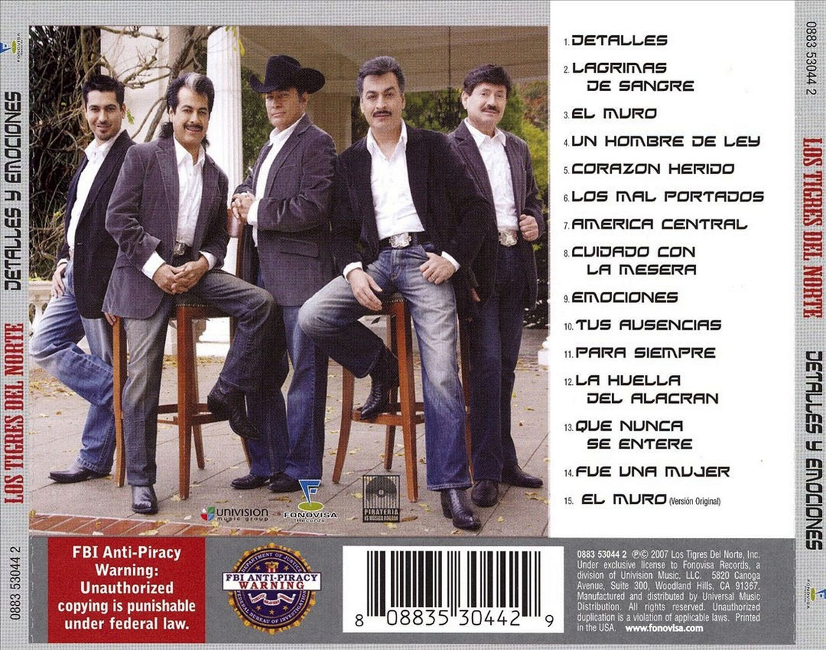 Cartula Trasera de Los Tigres Del Norte - Detalles Y Emociones