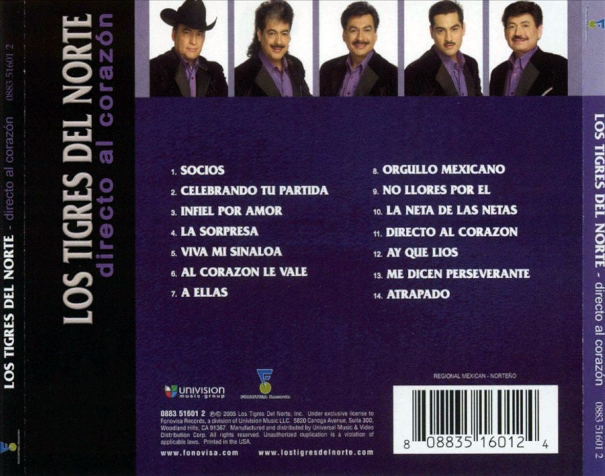 Cartula Trasera de Los Tigres Del Norte - Directo Al Corazon