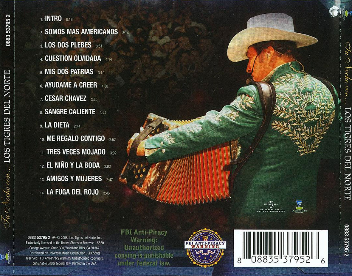 Cartula Trasera de Los Tigres Del Norte - Tu Noche Con...