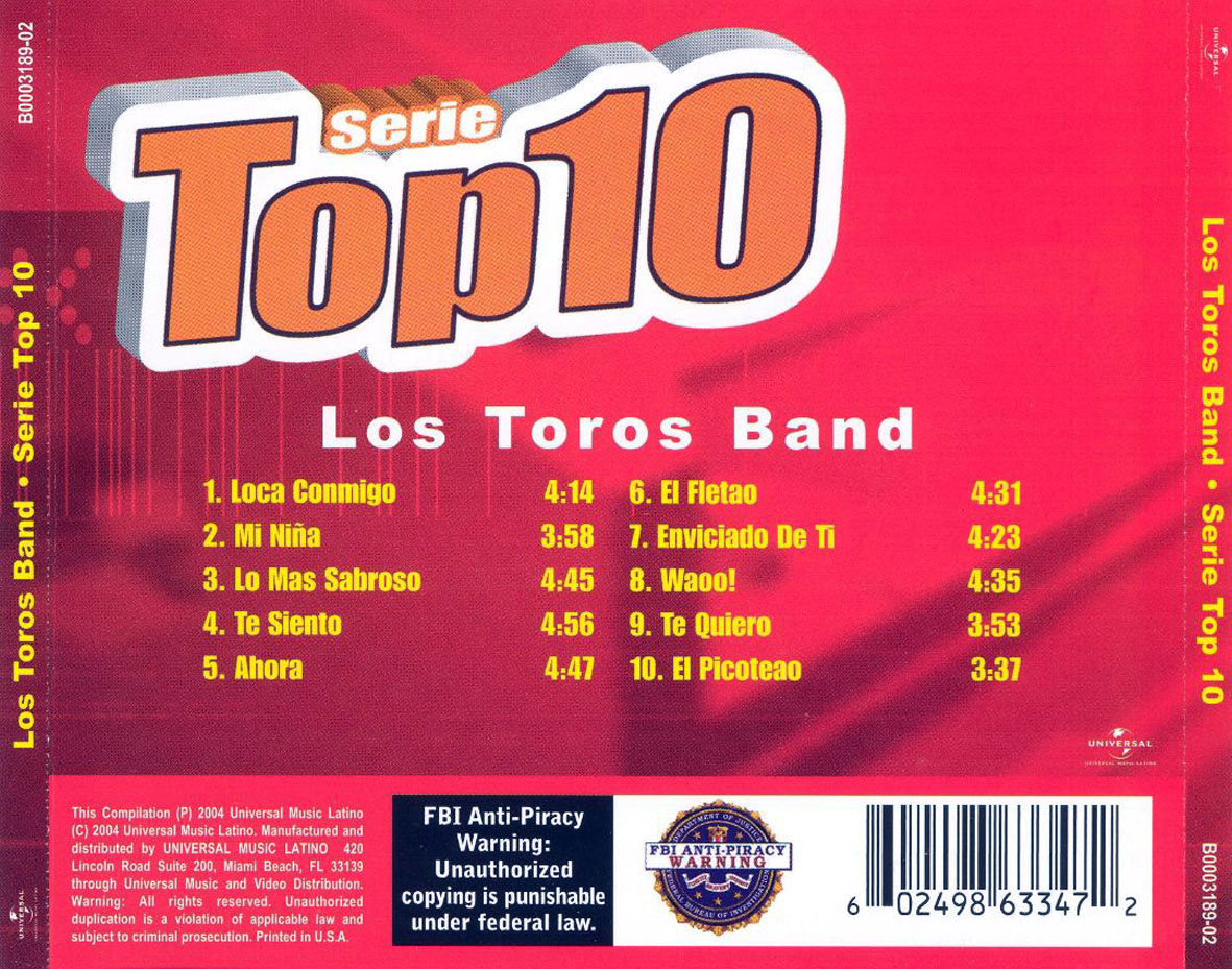 Cartula Trasera de Los Toros Band - Serie Top 10