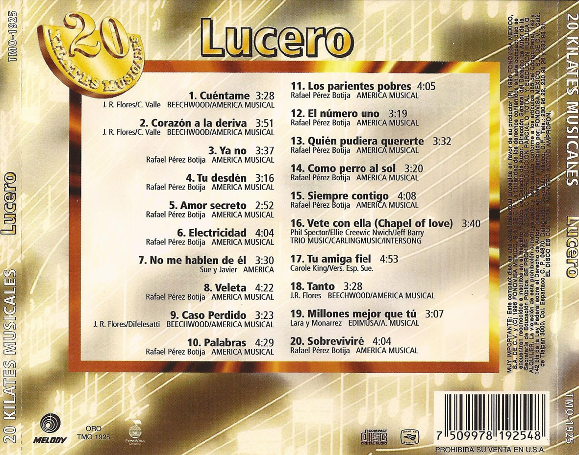 Cartula Trasera de Lucero - 20 Kilates Musicales