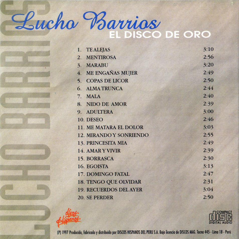 Cartula Interior Frontal de Lucho Barrios - El Disco De Oro