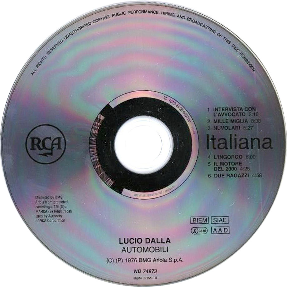 Cartula Cd de Lucio Dalla - Automobili