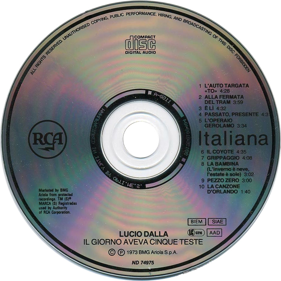 Cartula Cd de Lucio Dalla - Il Giorno Aveva Cinque Teste