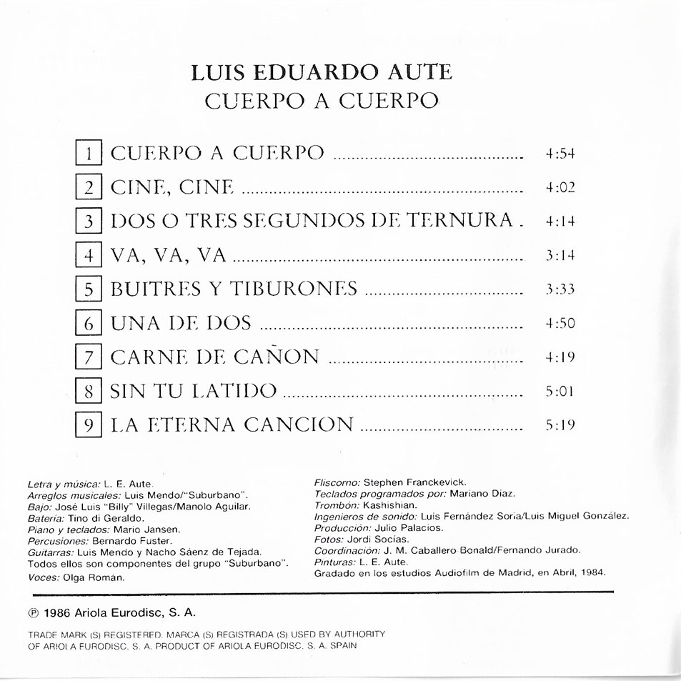 Cartula Interior Frontal de Luis Eduardo Aute - Cuerpo A Cuerpo