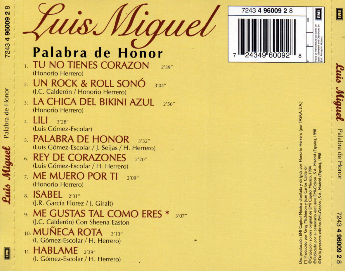 Cartula Trasera de Luis Miguel - Palabra De Honor