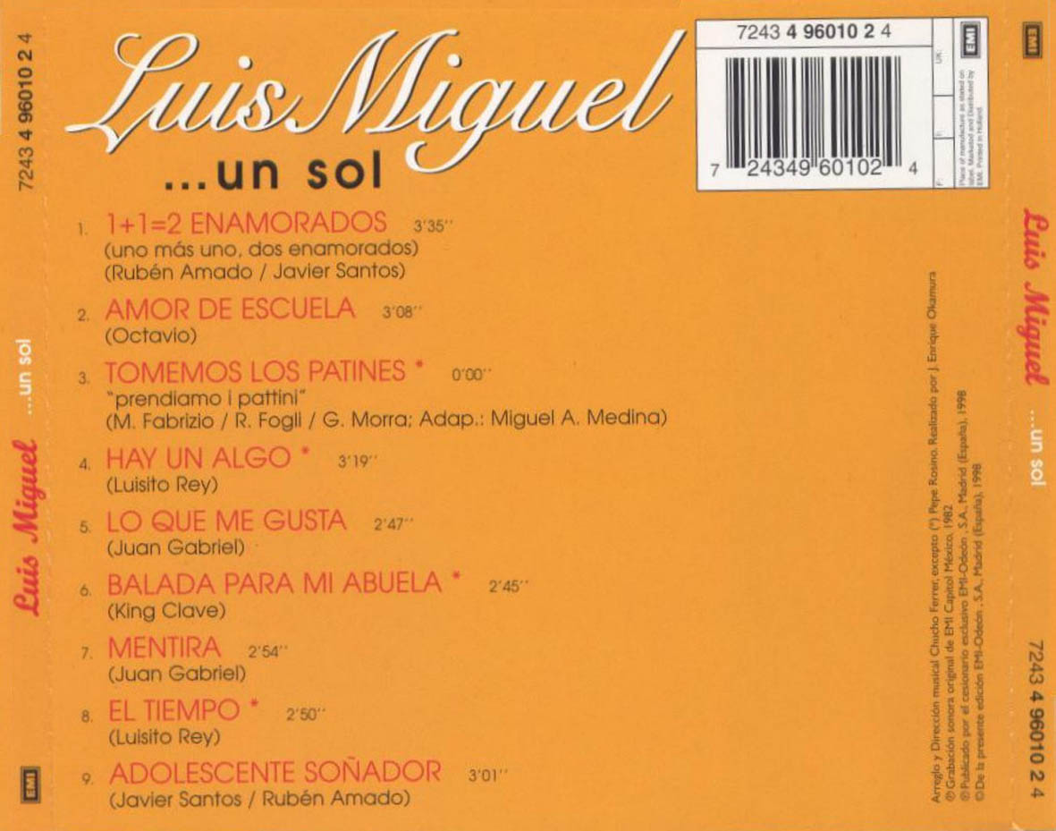 Cartula Trasera de Luis Miguel - Un Sol