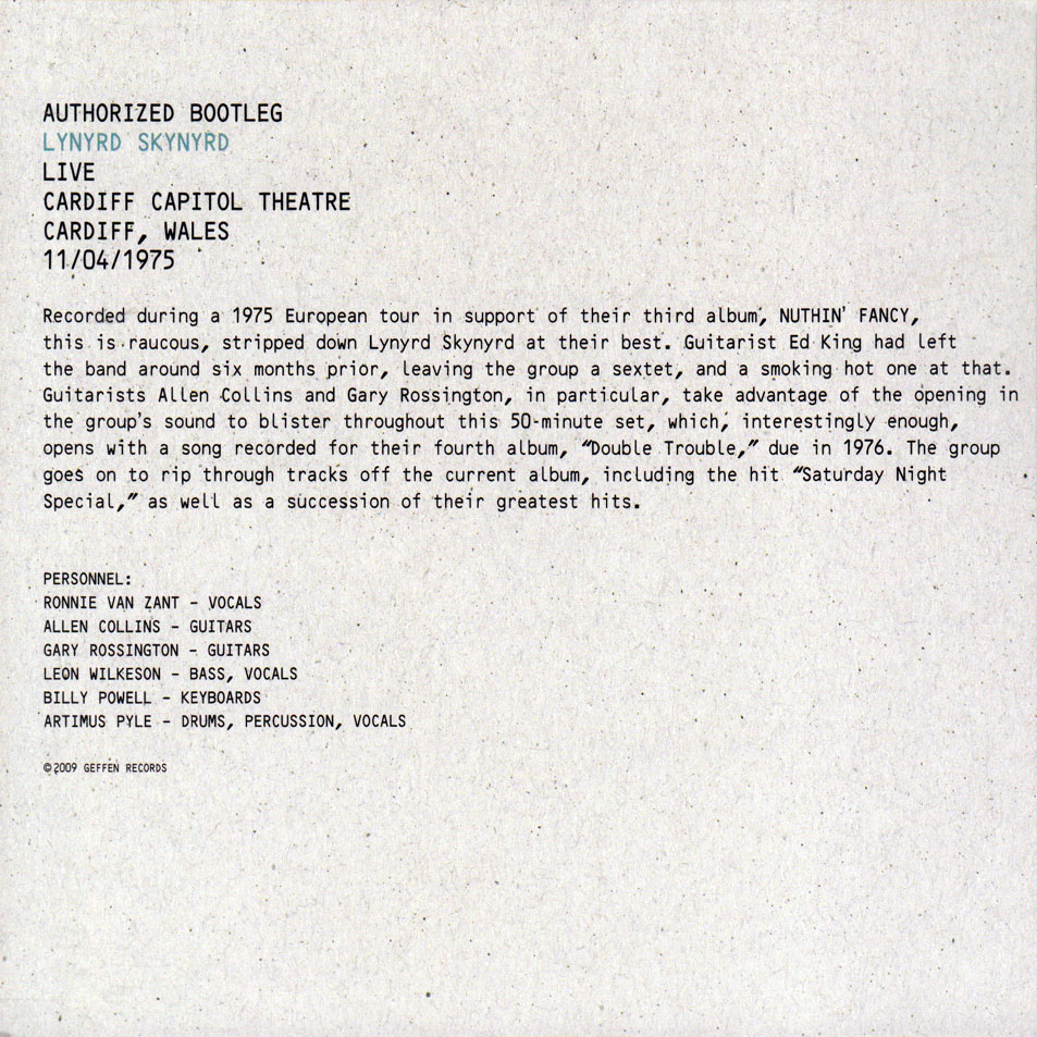 Cartula Interior Frontal de Lynyrd Skynyrd - Authorized Bootleg: Live / Cardiff, Capitol Theatre - 11/04/1975