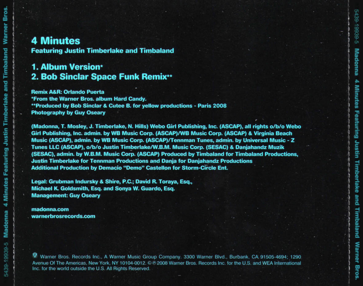 Cartula Trasera de Madonna - 4 Minutes (Featuring Justin Timberlake And Timbaland) (Cd Single)