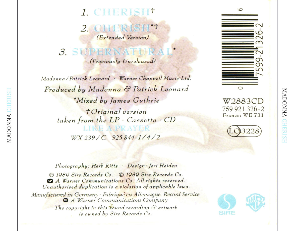 Cartula Trasera de Madonna - Cherish (Cd Single)