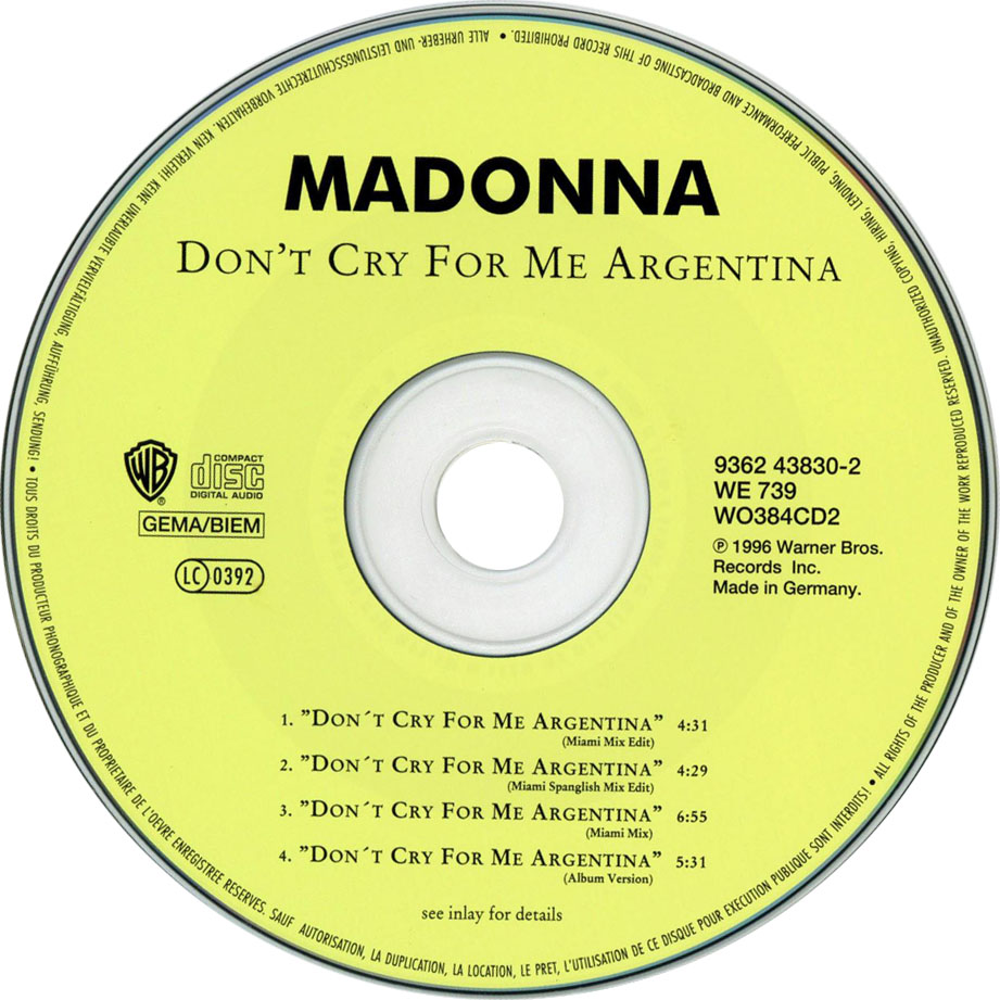 Cartula Cd de Madonna - Don't Cry For Me Argentina (Cd Single)