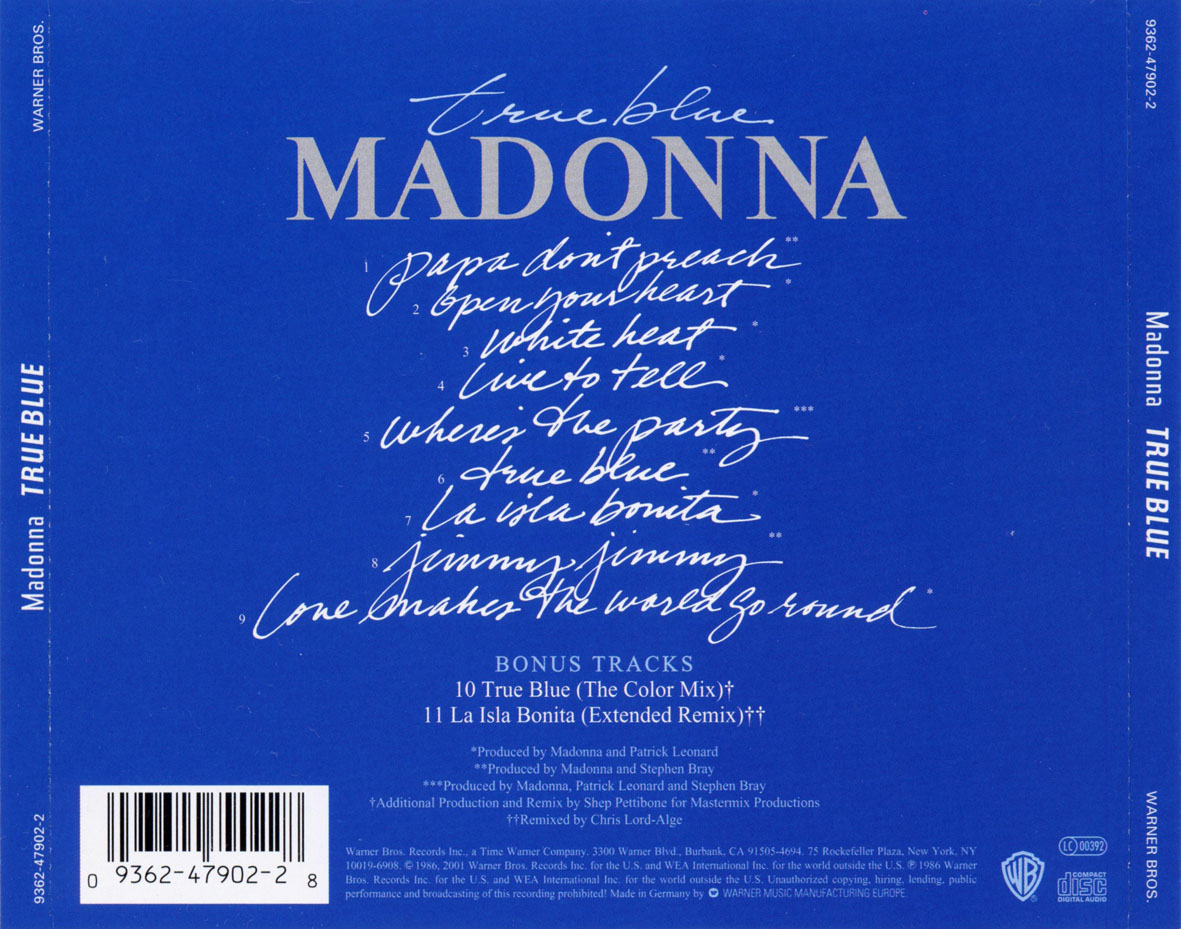 Cartula Trasera de Madonna - True Blue (2001)