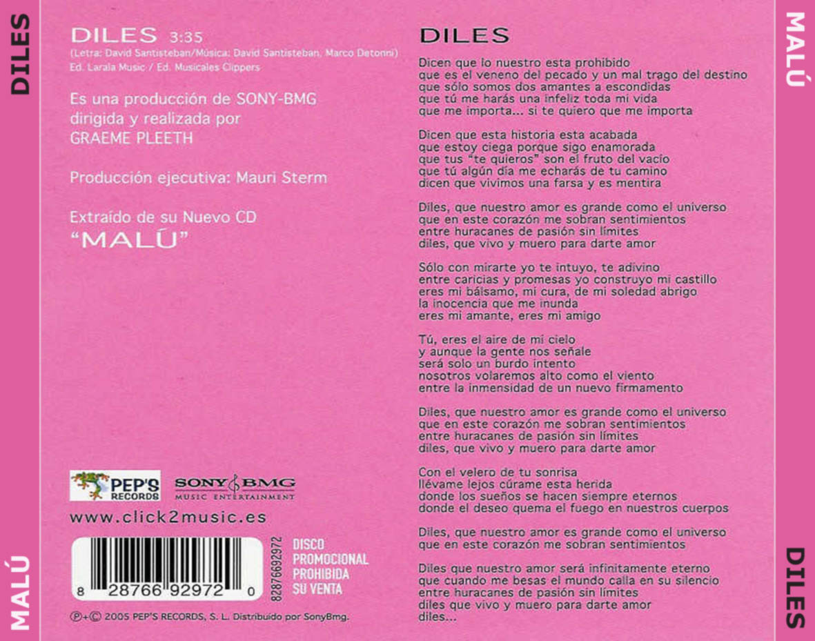 Cartula Trasera de Malu - Diles (Cd Single)