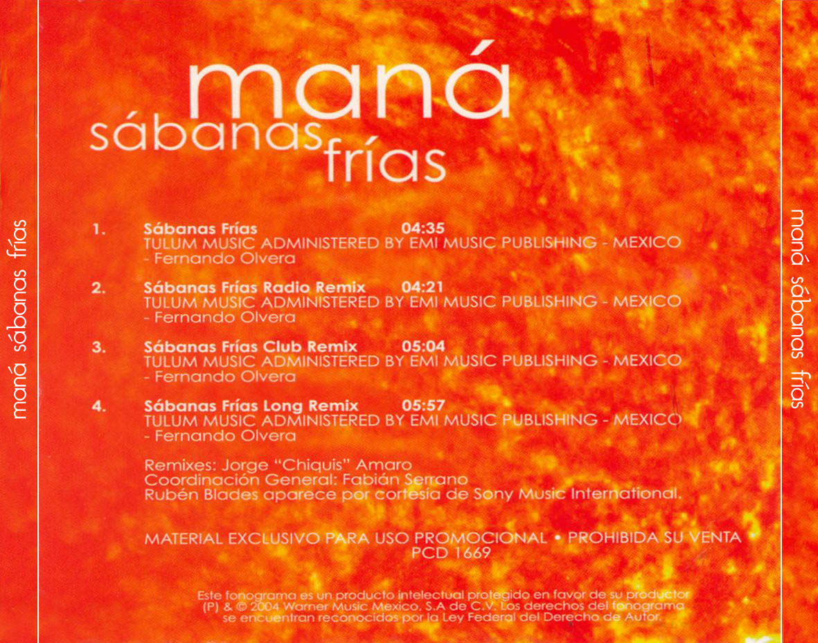 Cartula Trasera de Mana - Sabanas Frias (Featuring Ruben Blades) (Cd Single)