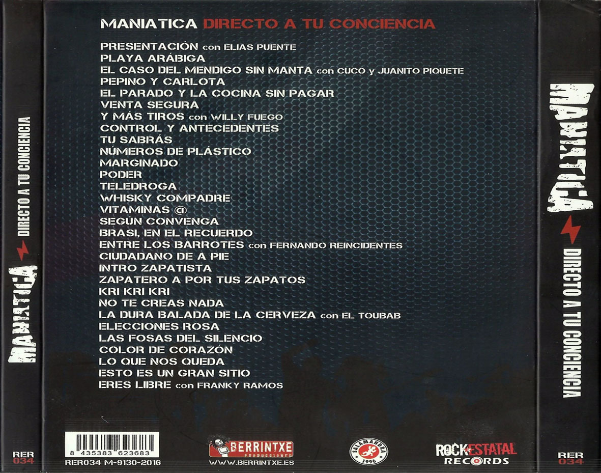Cartula Trasera de Maniatica - Directo A Tu Conciencia