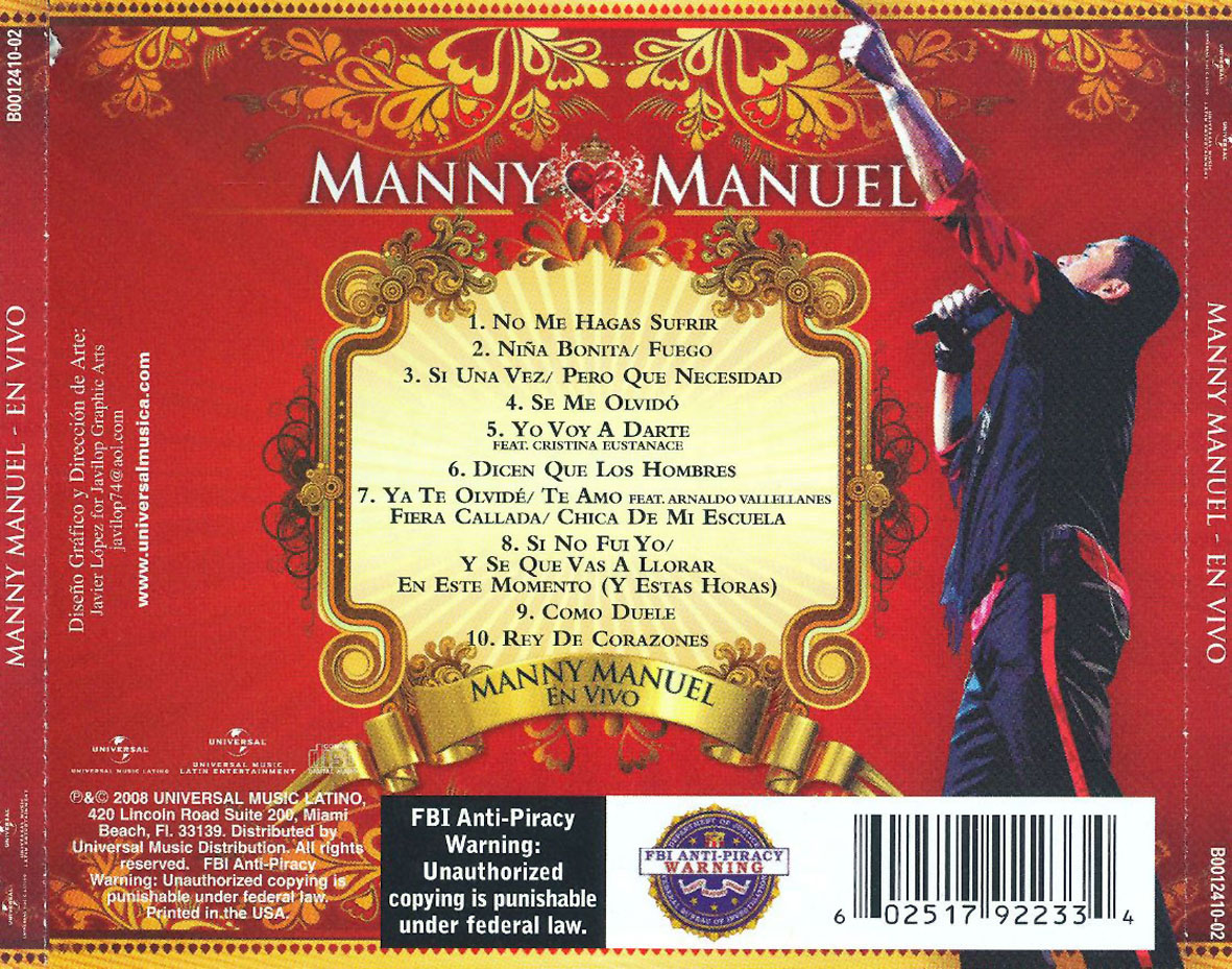 Cartula Trasera de Manny Manuel - Manny Manuel En Vivo