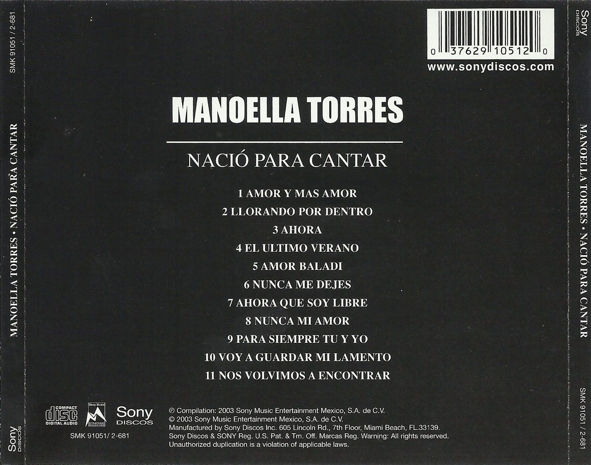 Cartula Trasera de Manoella Torres - Nacio Para Cantar