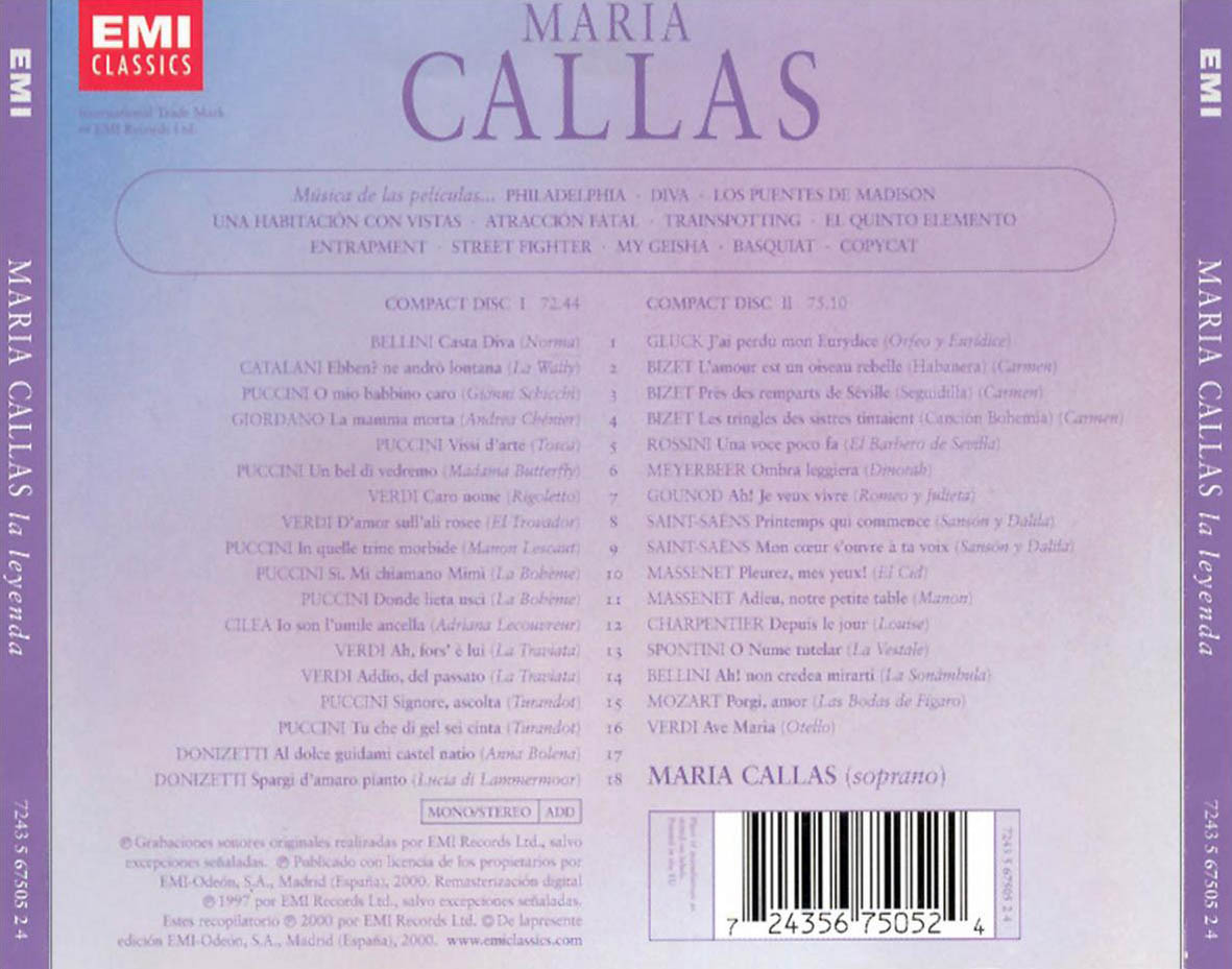 Cartula Trasera de Maria Callas - La Leyenda