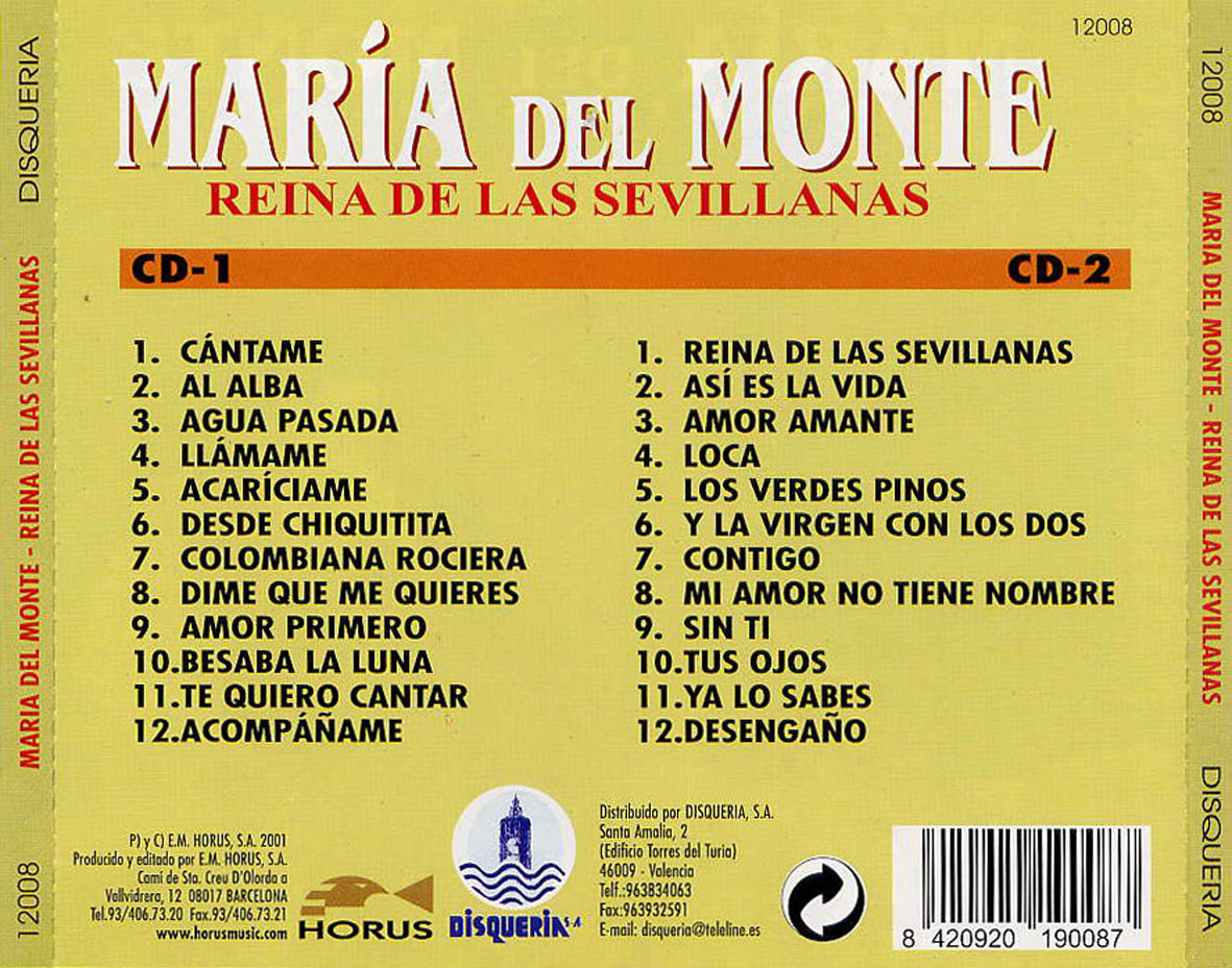 Cartula Trasera de Maria Del Monte - Reina De Las Sevillanas
