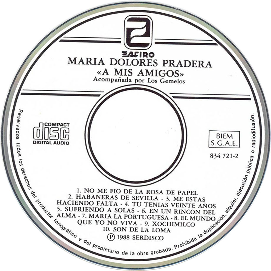 Cartula Cd de Maria Dolores Pradera - A Mis Amigos
